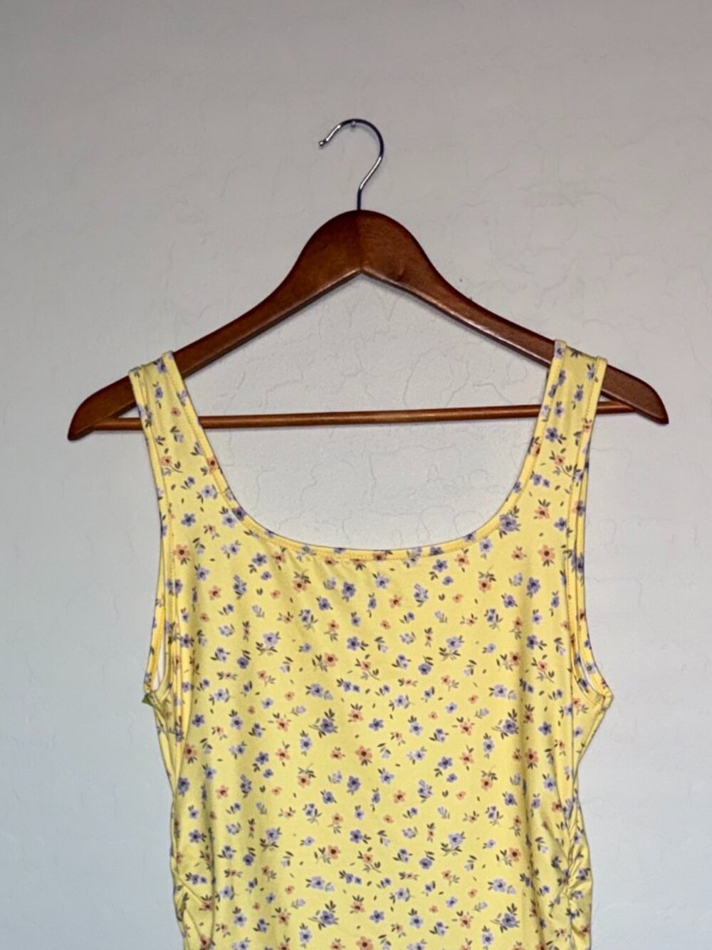 Floral Yellow Bodycon Ruched Sides High-Low Dress Floral Pattern Summer Spring - Picture 3 of 12